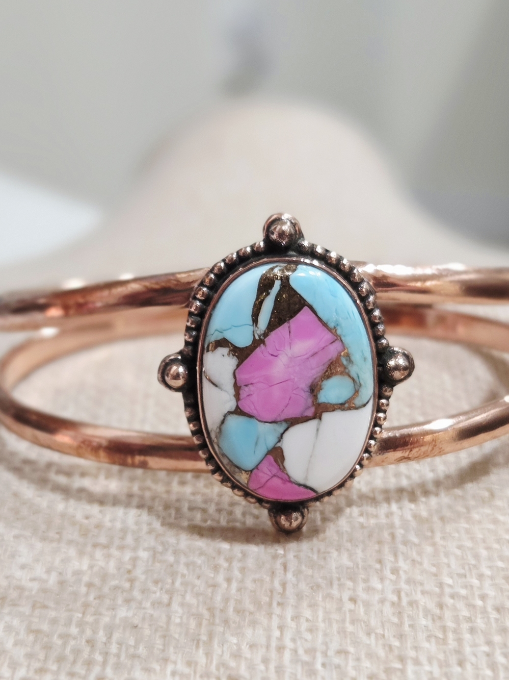Multicolor Stone Inlay Cuff Bracelet In Polished Copper - Pink & Turquoise